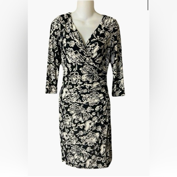 LAUREN RALPH Floral Jersey V Neck 3/4 Sleeve Faux Wrap Midi Dress Size 6 - Picture 1 of 4